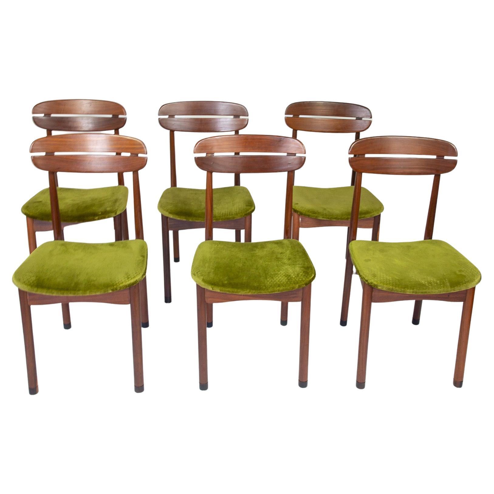 Mid Century Modern Dining Chairs with Green Velvet Upholstery, Set of 6, 1950s