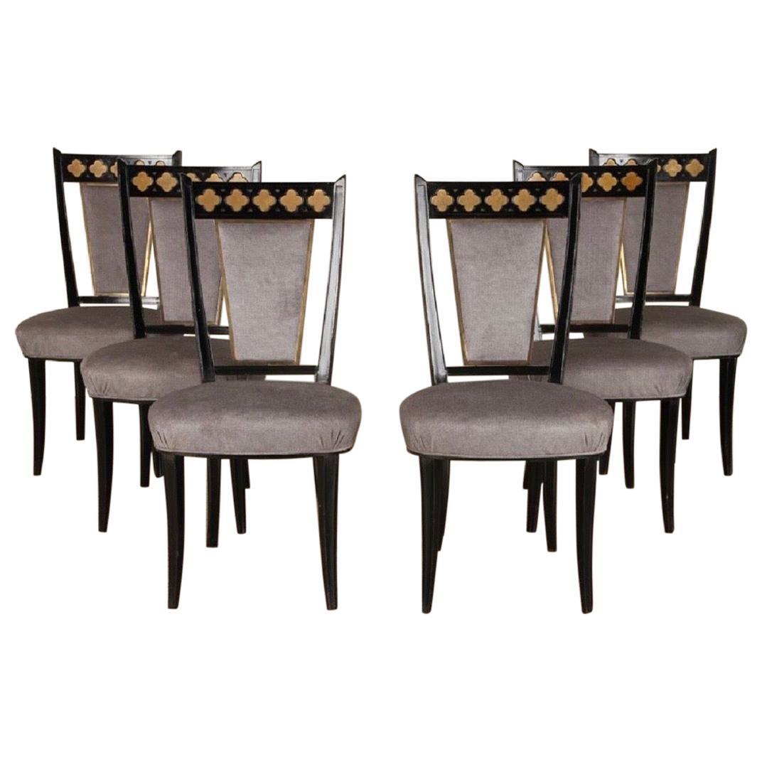 Ensemble de 6 chaises de salle à manger en ébène du milieu du siècle avec décoration en bronze