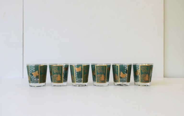 Set of 6 Midcentury Gold and Turquoise Blue Cocktail Rocks Glasses at ...