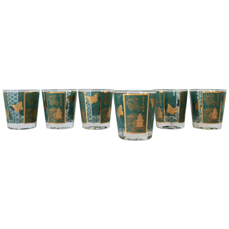 Set of 6 Midcentury Gold and Turquoise Blue Cocktail Rocks Glasses at ...