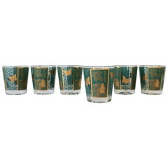 Set of 6 Midcentury Gold and Turquoise Blue Cocktail Rocks Glasses