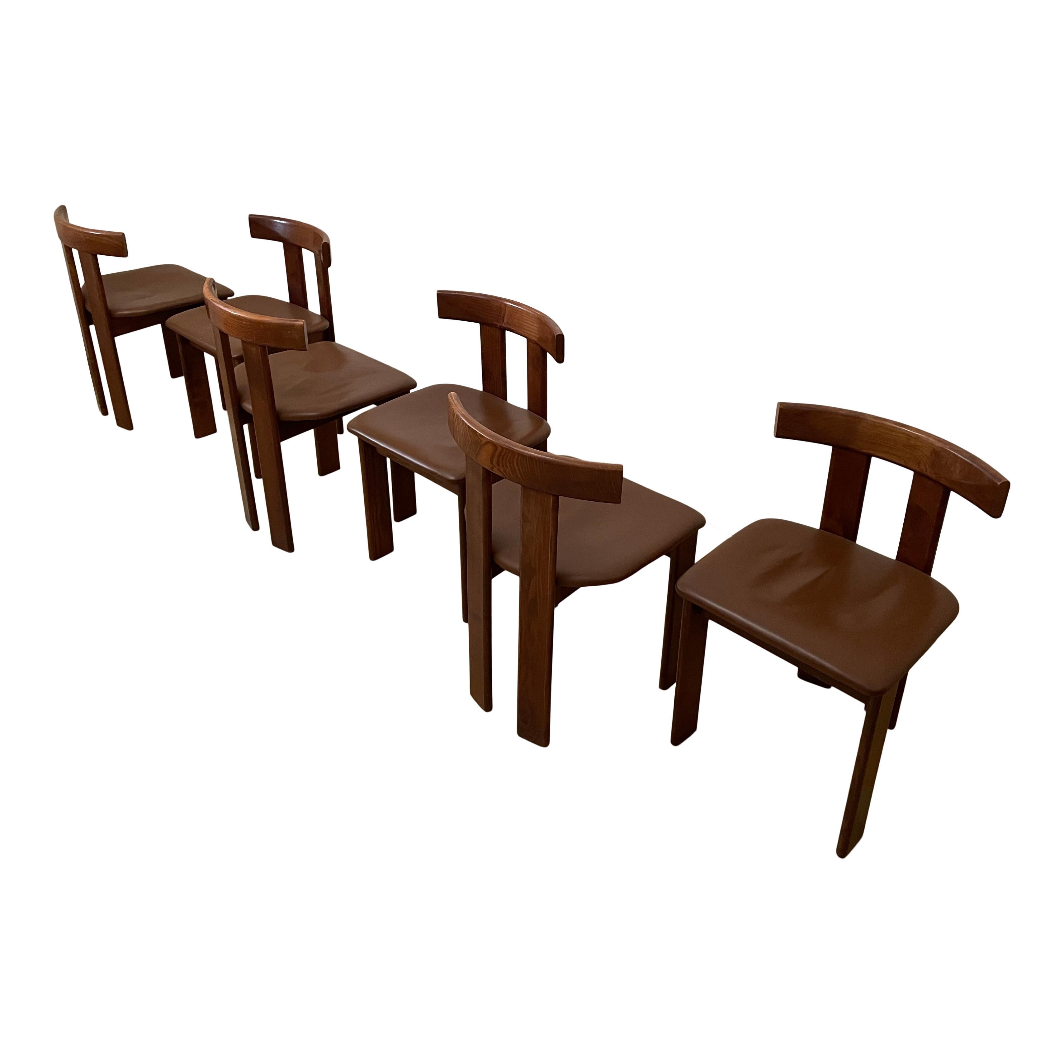 Mid-Century Modern Set of 6 Midcentury Italian Walnut and Leather Dining Chairs, 1970s For Sale