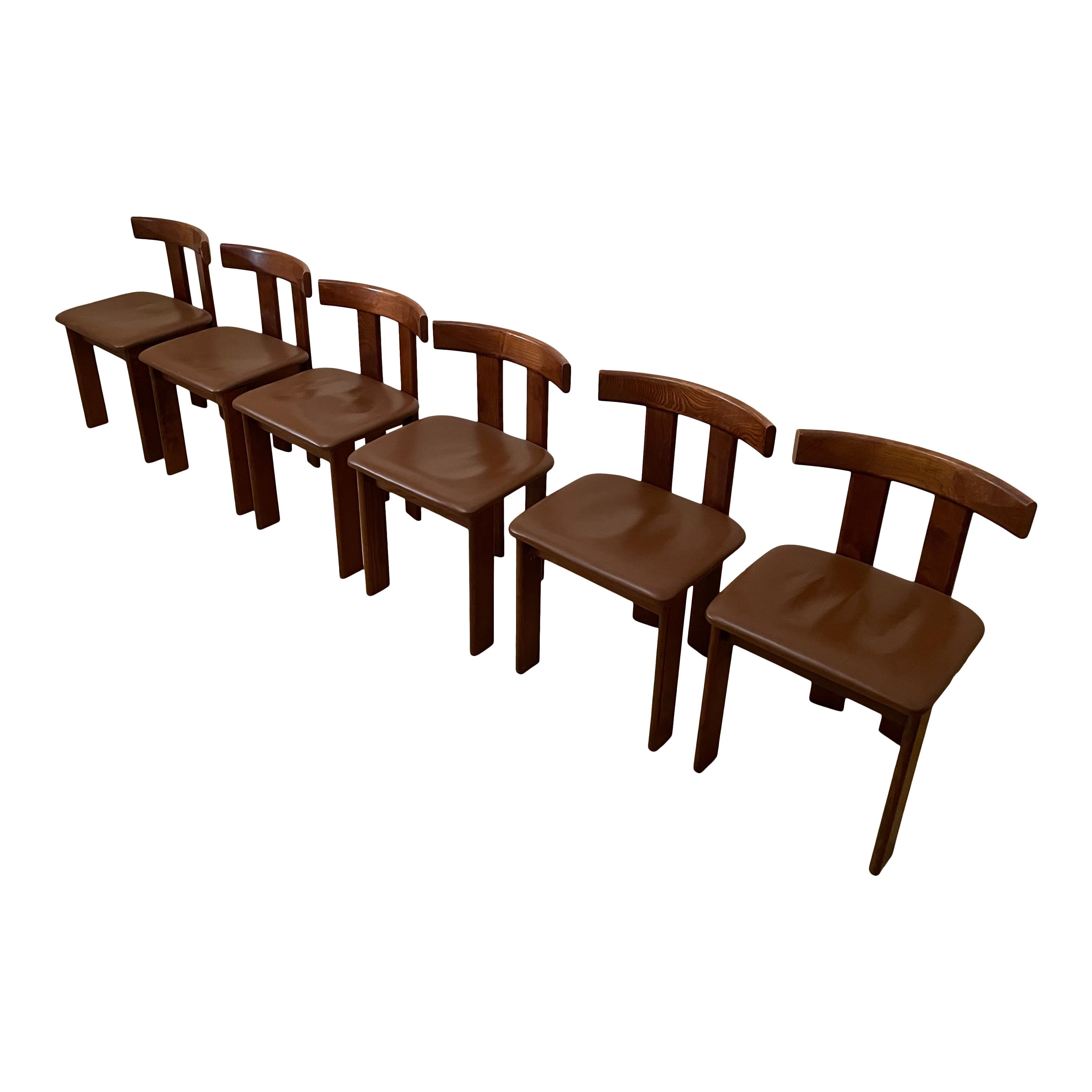 Set of 6 Midcentury Italian Walnut and Leather Dining Chairs, 1970s In Good Condition For Sale In Vicenza, IT