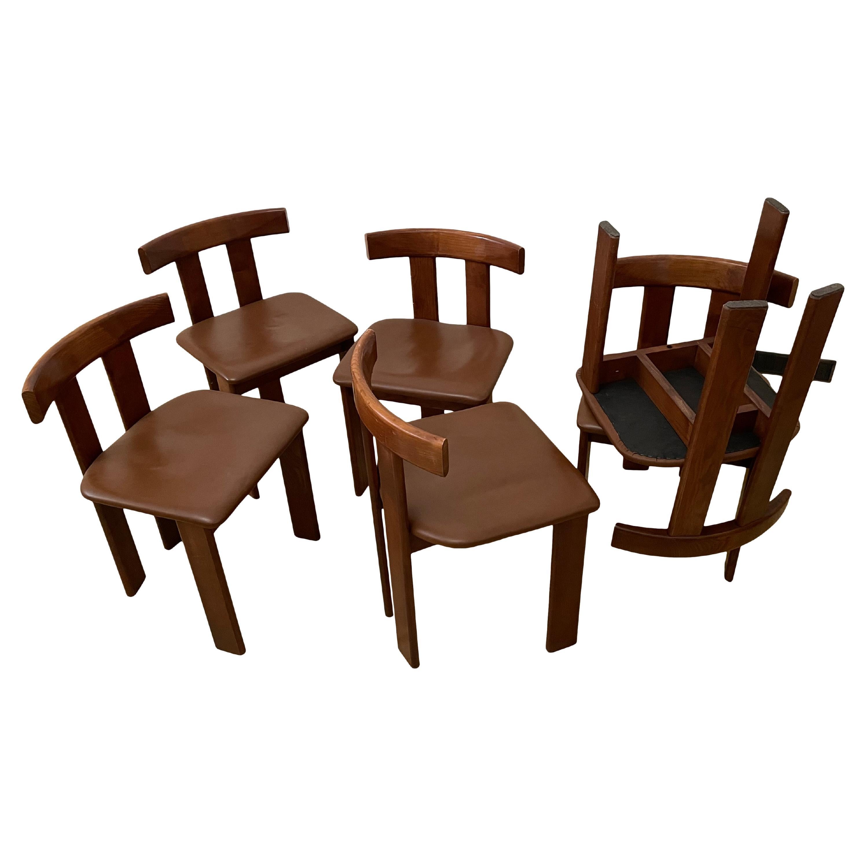 Set of 6 Midcentury Italian Walnut and Leather Dining Chairs, 1970s