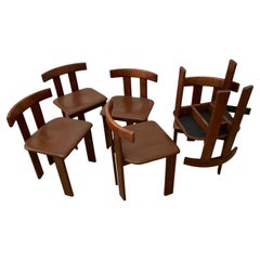 Vintage Set of 6 Midcentury Italian Walnut and Leather Dining Chairs, 1970s