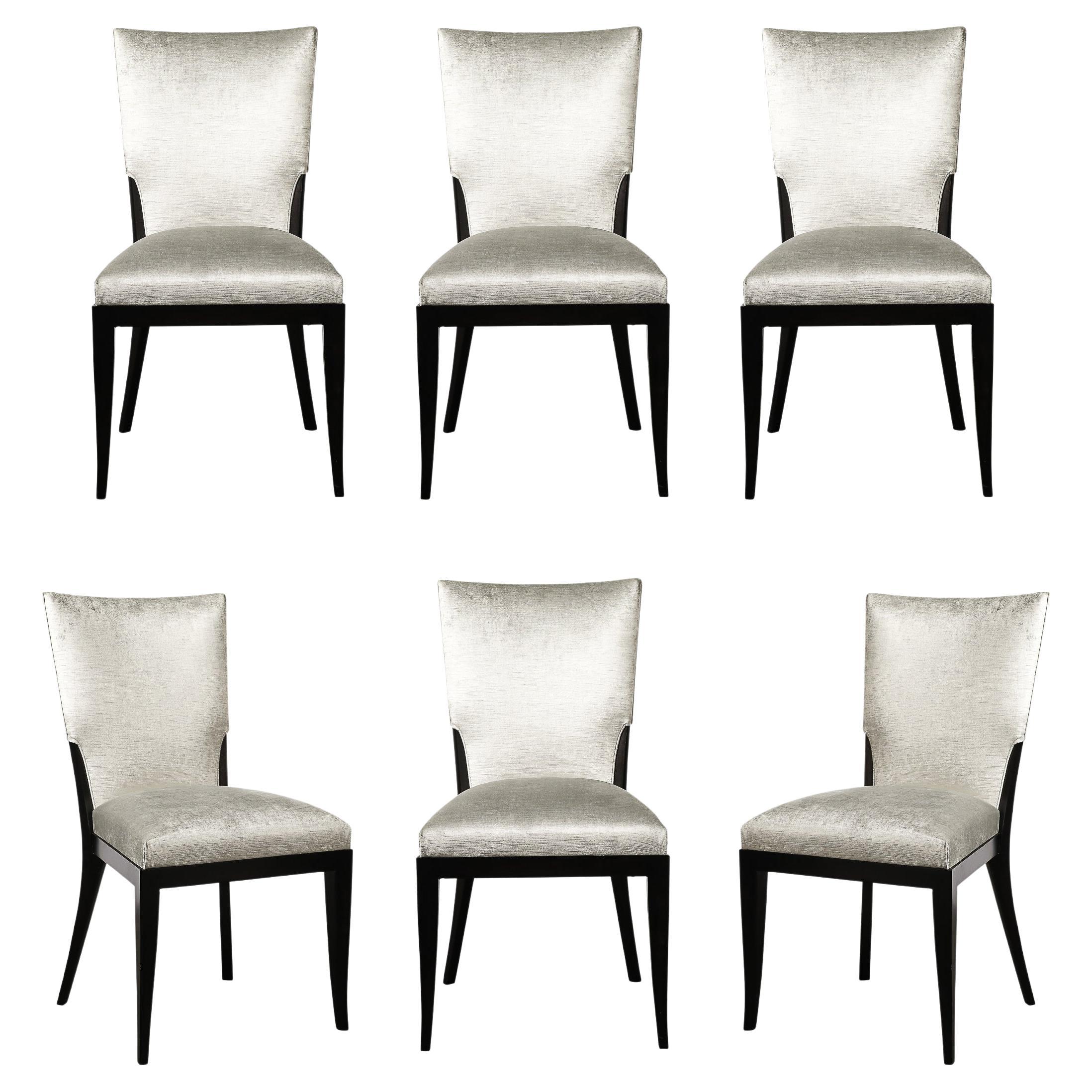 Set of 6 Midcentury Modernist Ebonized Walnut & Velvet Shield Back Dining Chairs For Sale