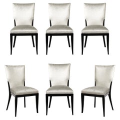Set of 6 Midcentury Modernist Ebonized Walnut & Velvet Shield Back Dining Chairs