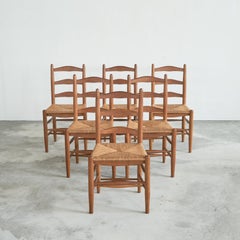 Set of 6 Midcentury Oak and Rush Chairs, 1950s