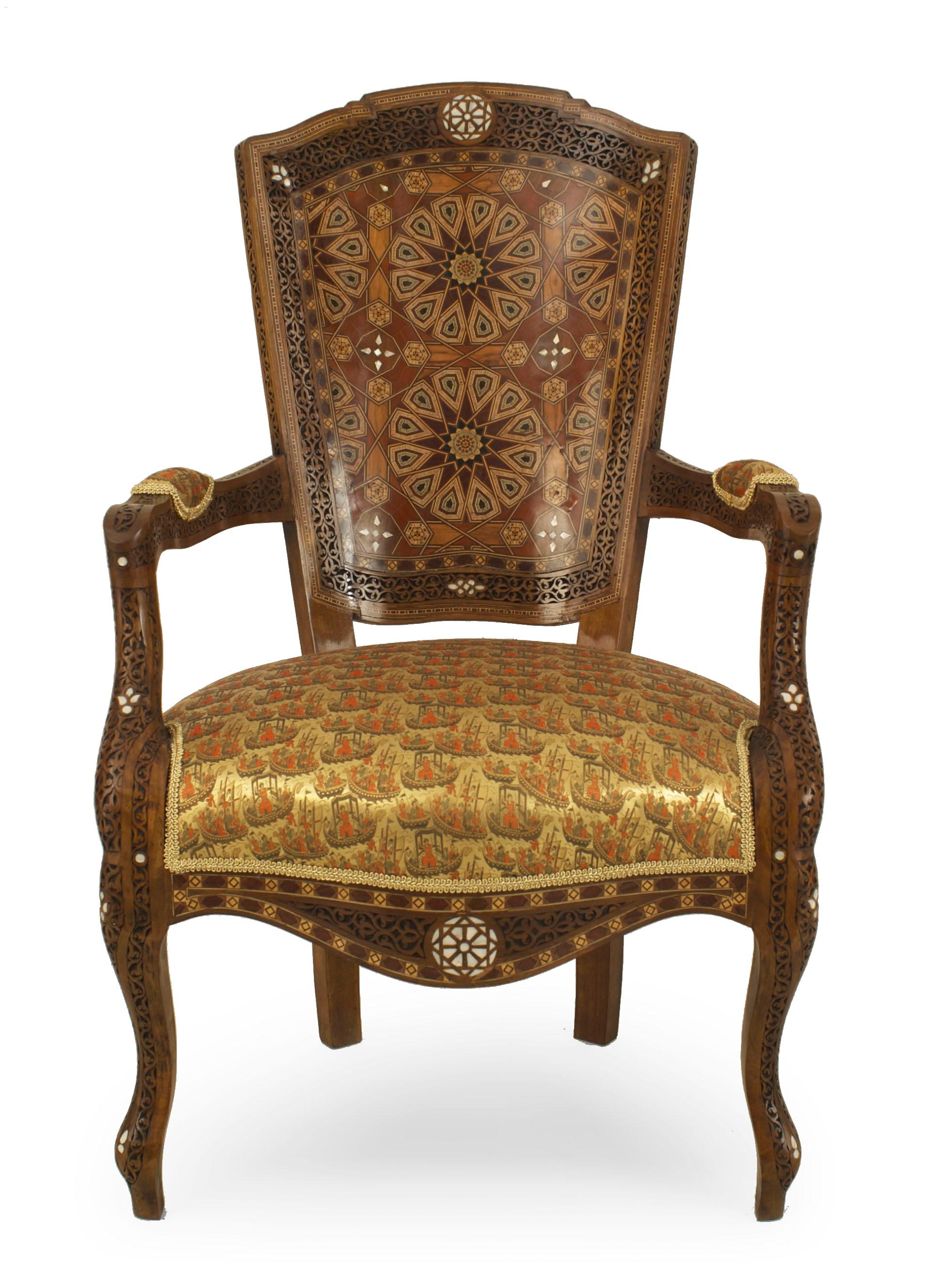 Set of 6 Middle Eastern Syrian (20th Cent) dining chairs with a shaped back inlaid on front and back with an upholstered seat. 1 arm 26
