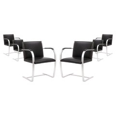 Set of 6 Mies Van Der Rohe for Knoll BRNO Brushed Steel Black Leather Armchairs