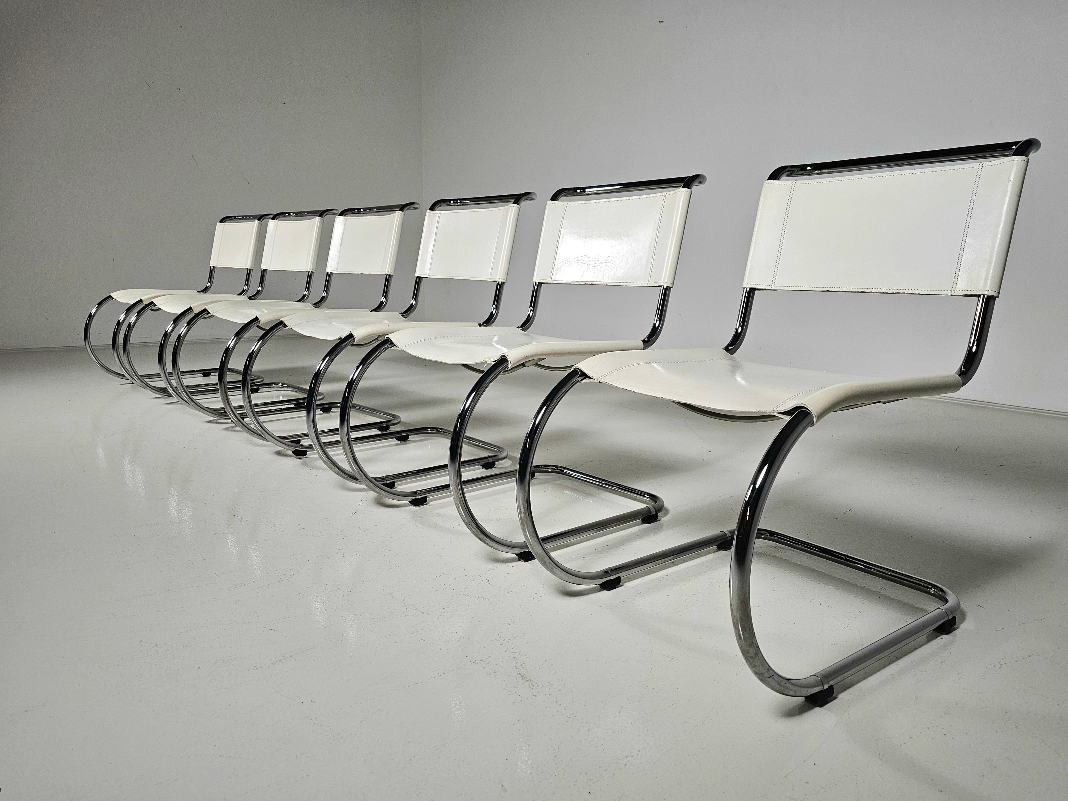 Mid-Century Modern Set of 6 Mies van der Rohe MR10 white cantilever dining chairs for Thonet, 1980s For Sale