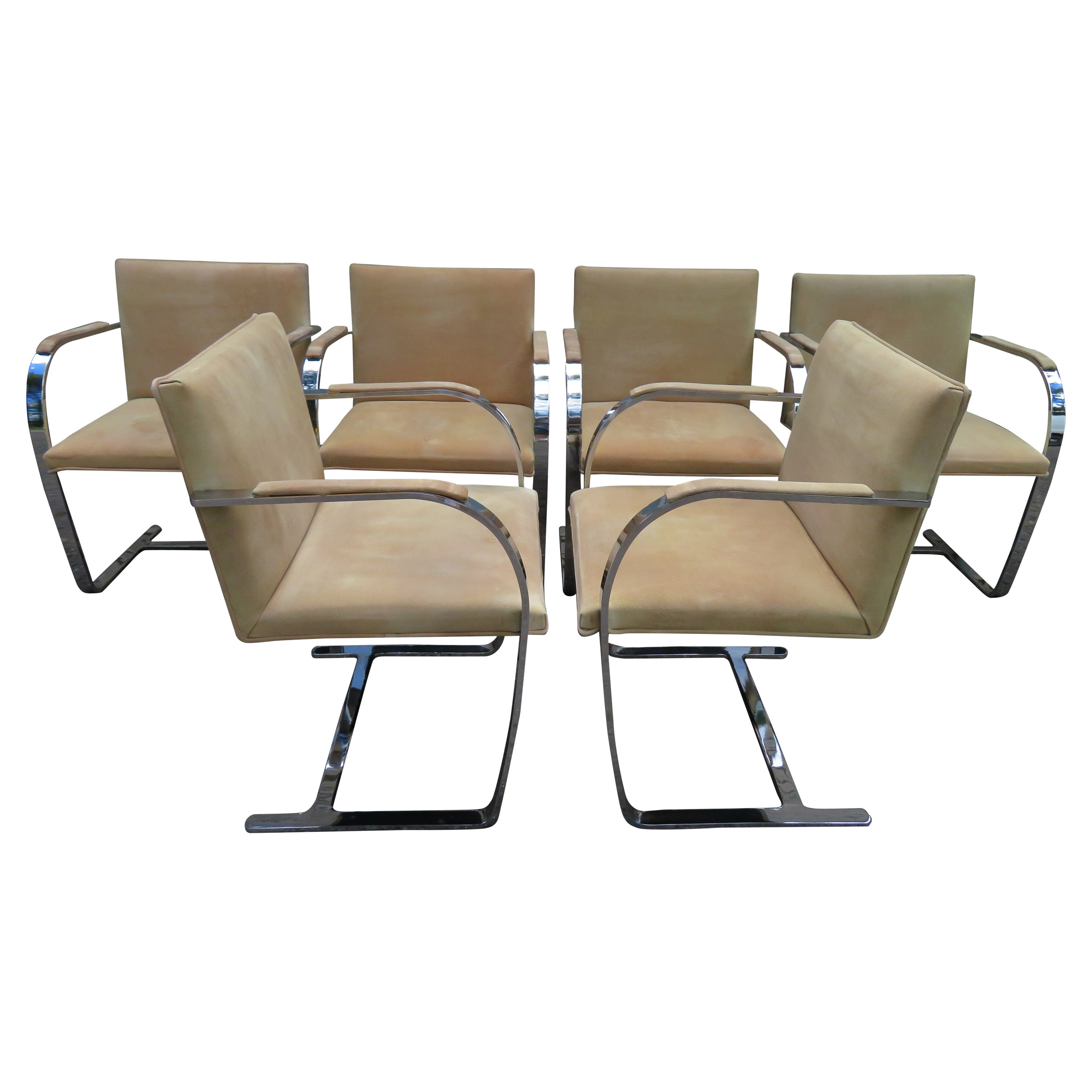 Set of 6 Mies van der Rohe Stainless Steel Suede Leather Brno Chairs by Knoll