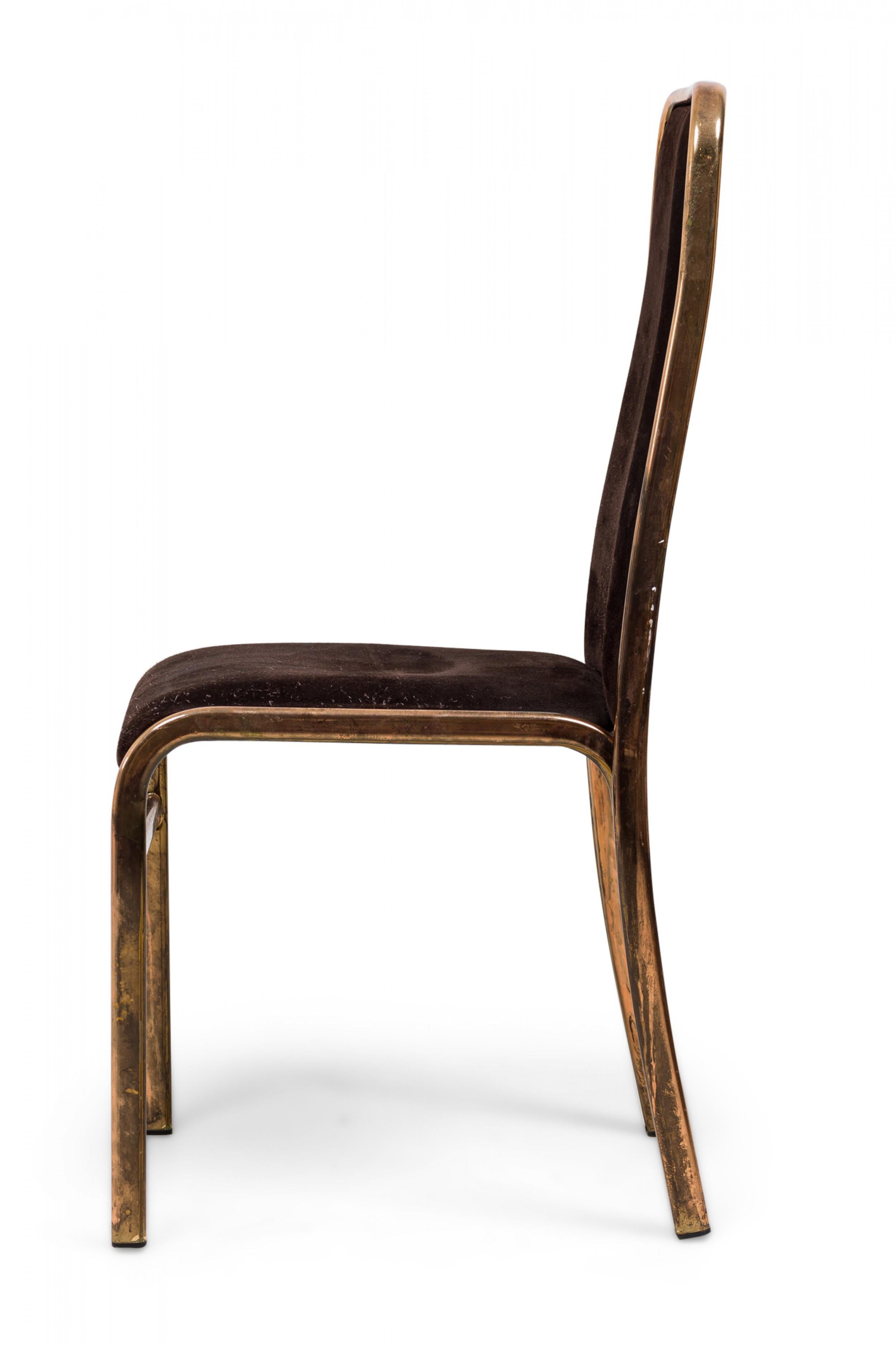Set of 6 Attributed Milo Baughman American Brass Dining Chairs in Brown Suede In Good Condition For Sale In New York, NY