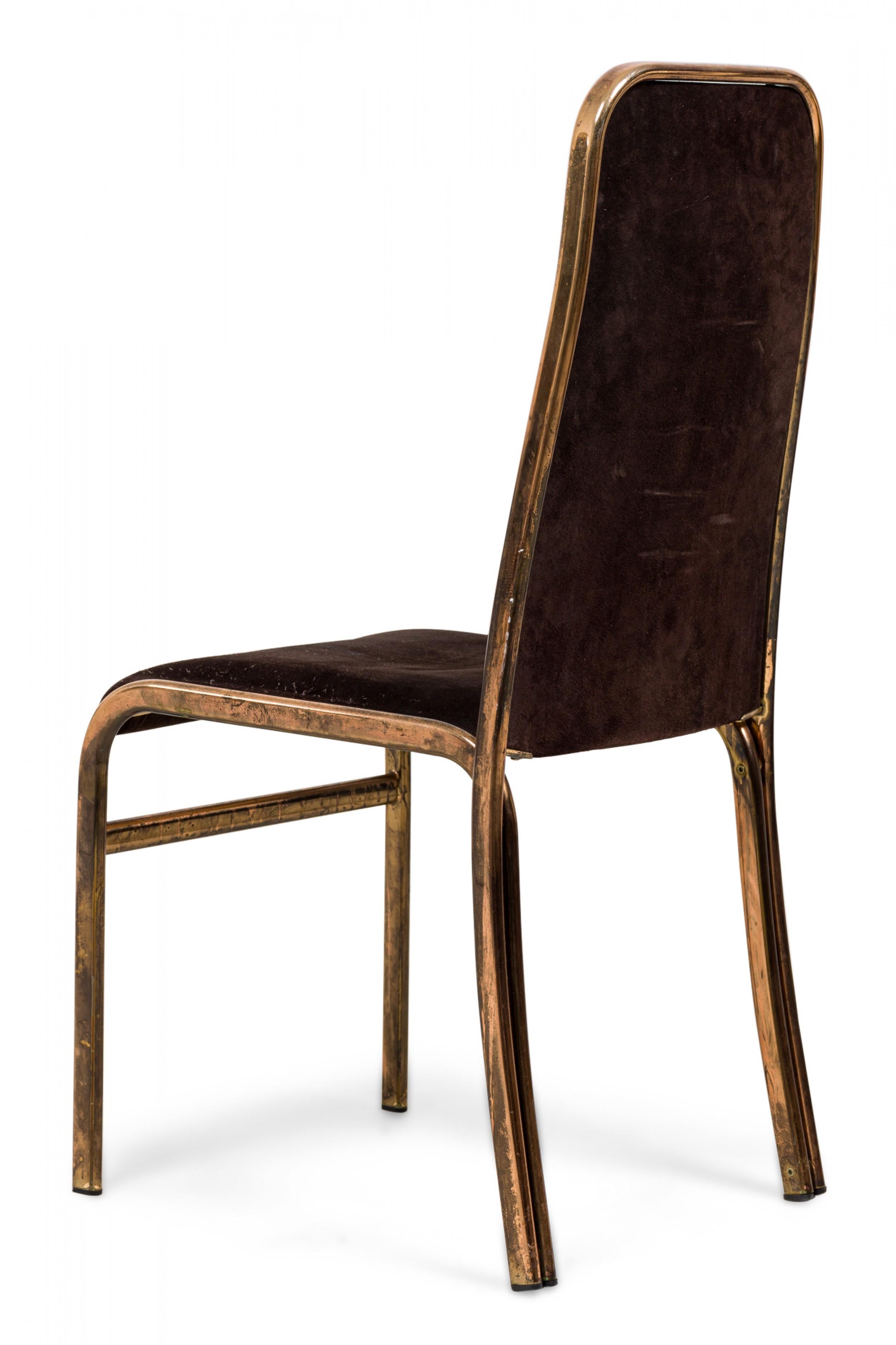 20th Century Set of 6 Attributed Milo Baughman American Brass Dining Chairs in Brown Suede For Sale