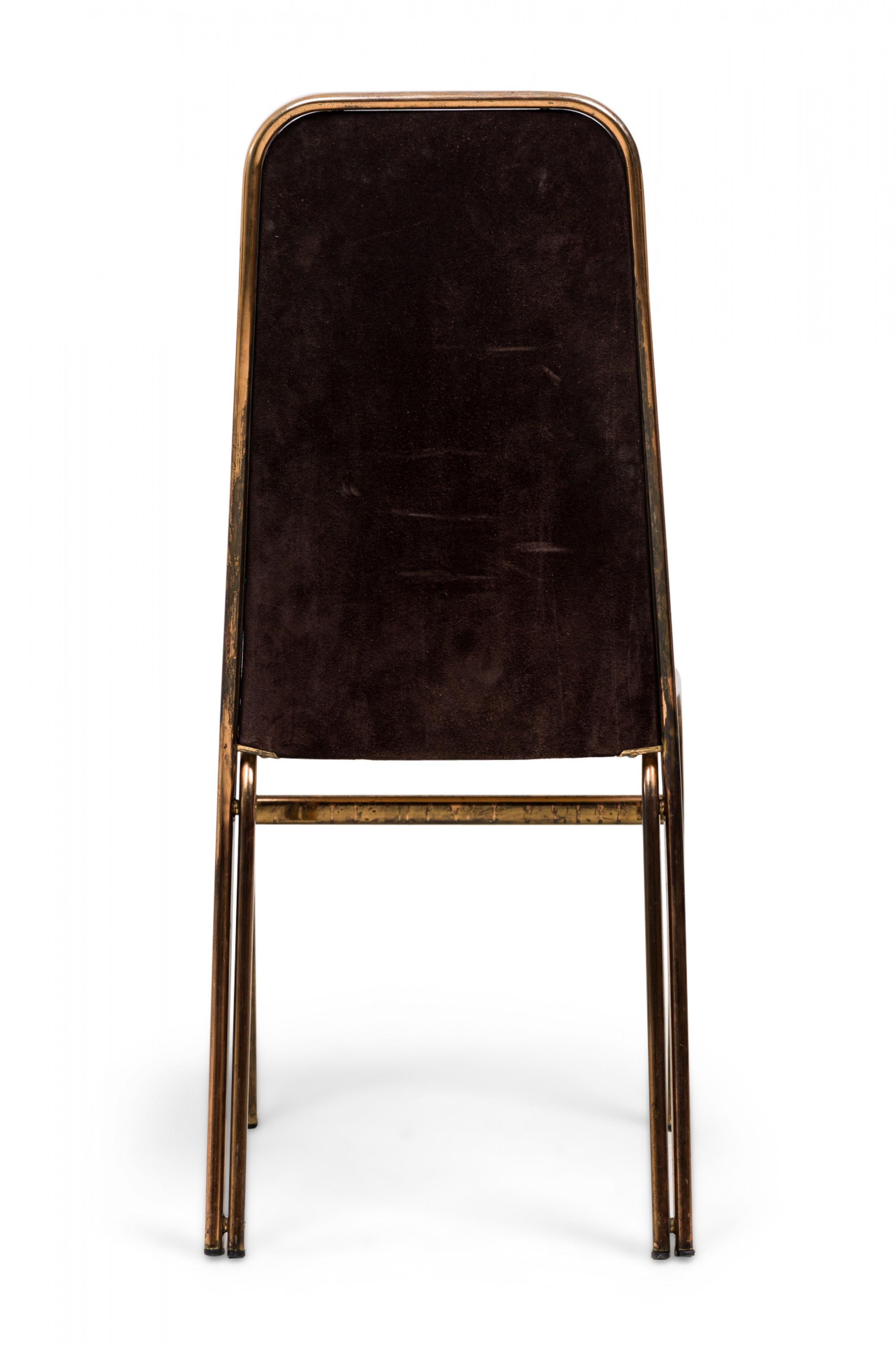 Set of 6 Attributed Milo Baughman American Brass Dining Chairs in Brown Suede For Sale 1