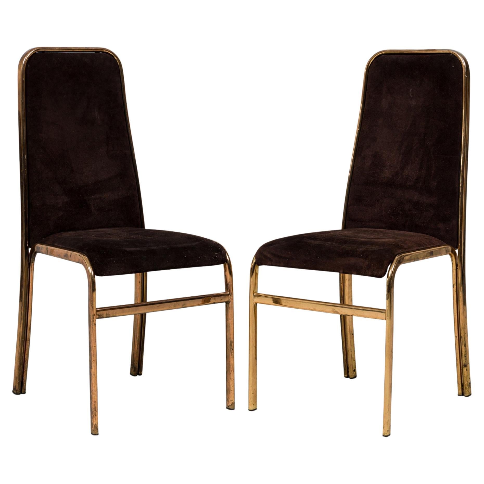 Set of 6 Attributed Milo Baughman American Brass Dining Chairs in Brown Suede For Sale