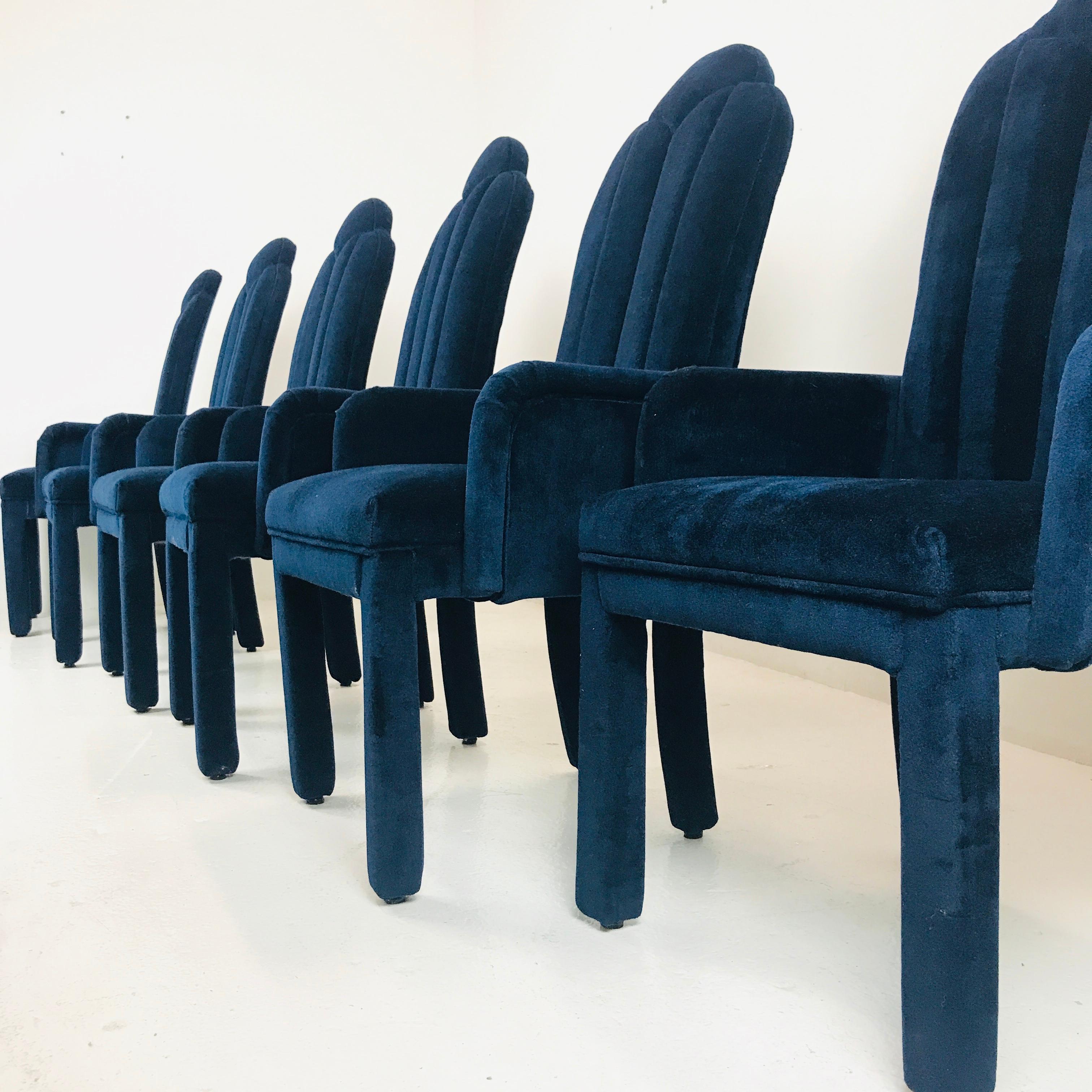 Set of 6 regal, cobalt blue mohair dining chairs by Milo Baughman with tall channel backs.