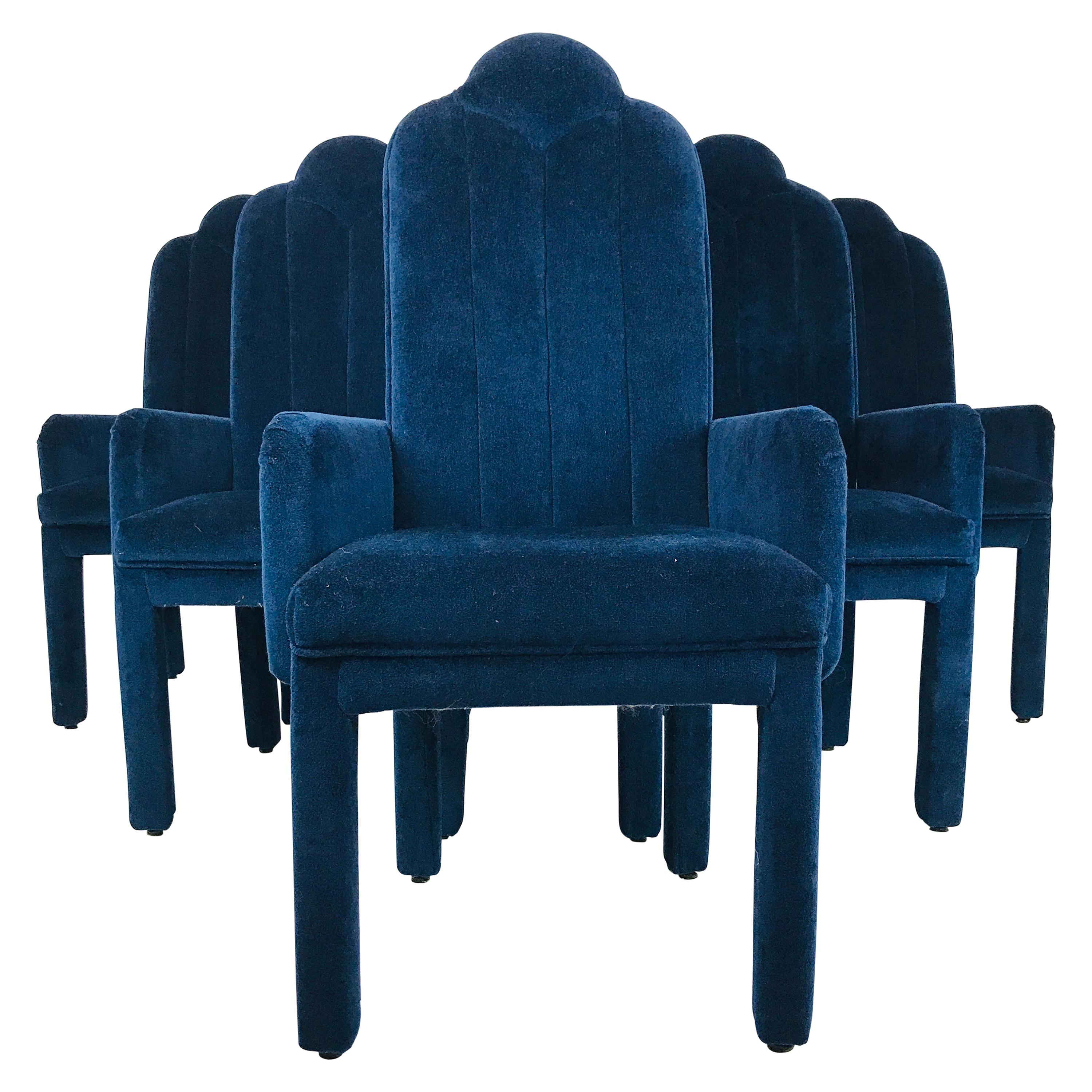 Set of 6 Milo Baughman Blue Mohair Dining Chairs