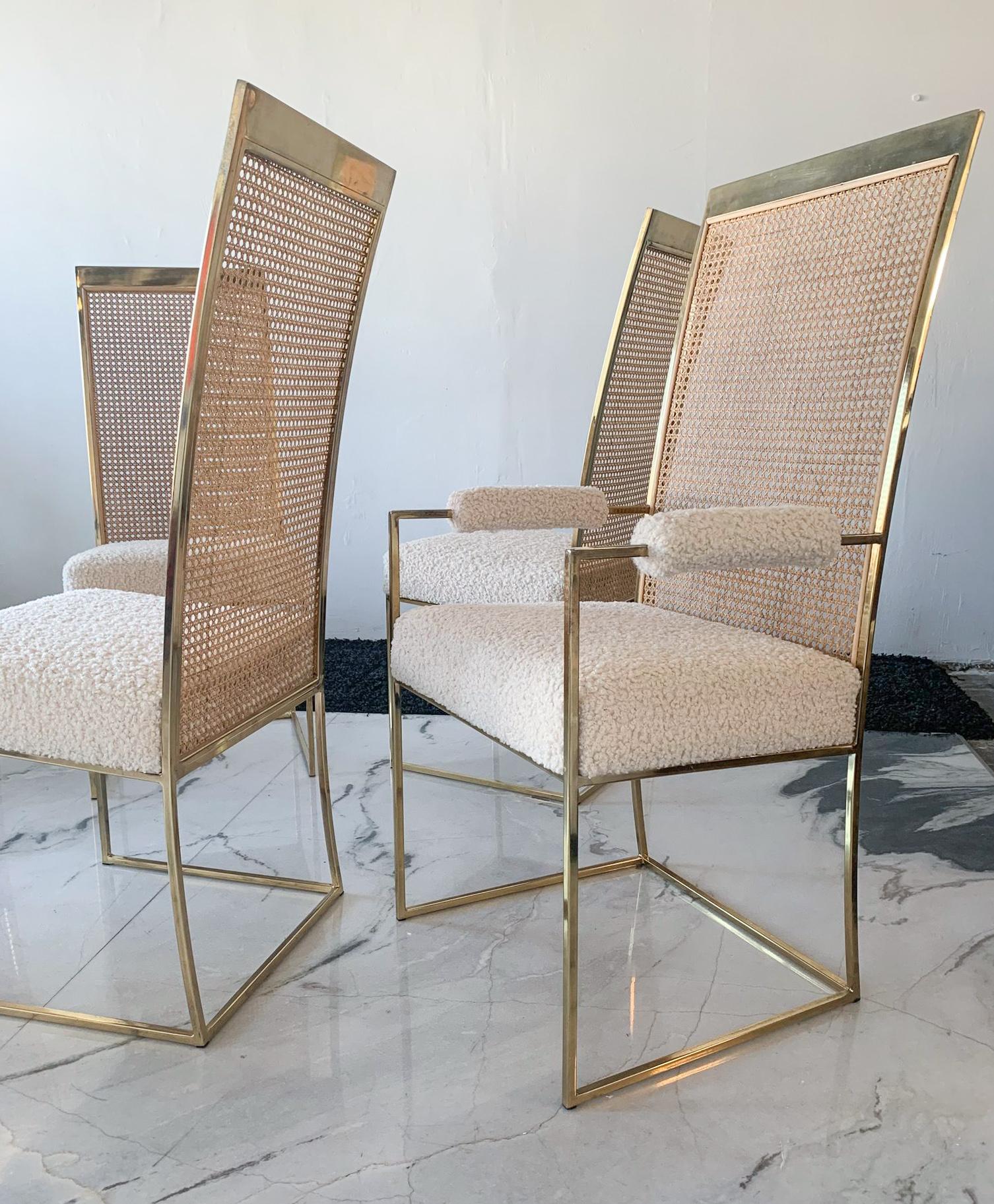 Set of 6 Milo Baughman Brass and Cane Dining Chairs in Boucle for Thayer Coggin 4