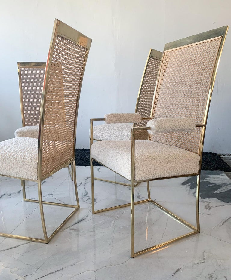 Set of 6 Milo Baughman Brass and Cane Dining Chairs in Boucle for Thayer Coggin For Sale 4