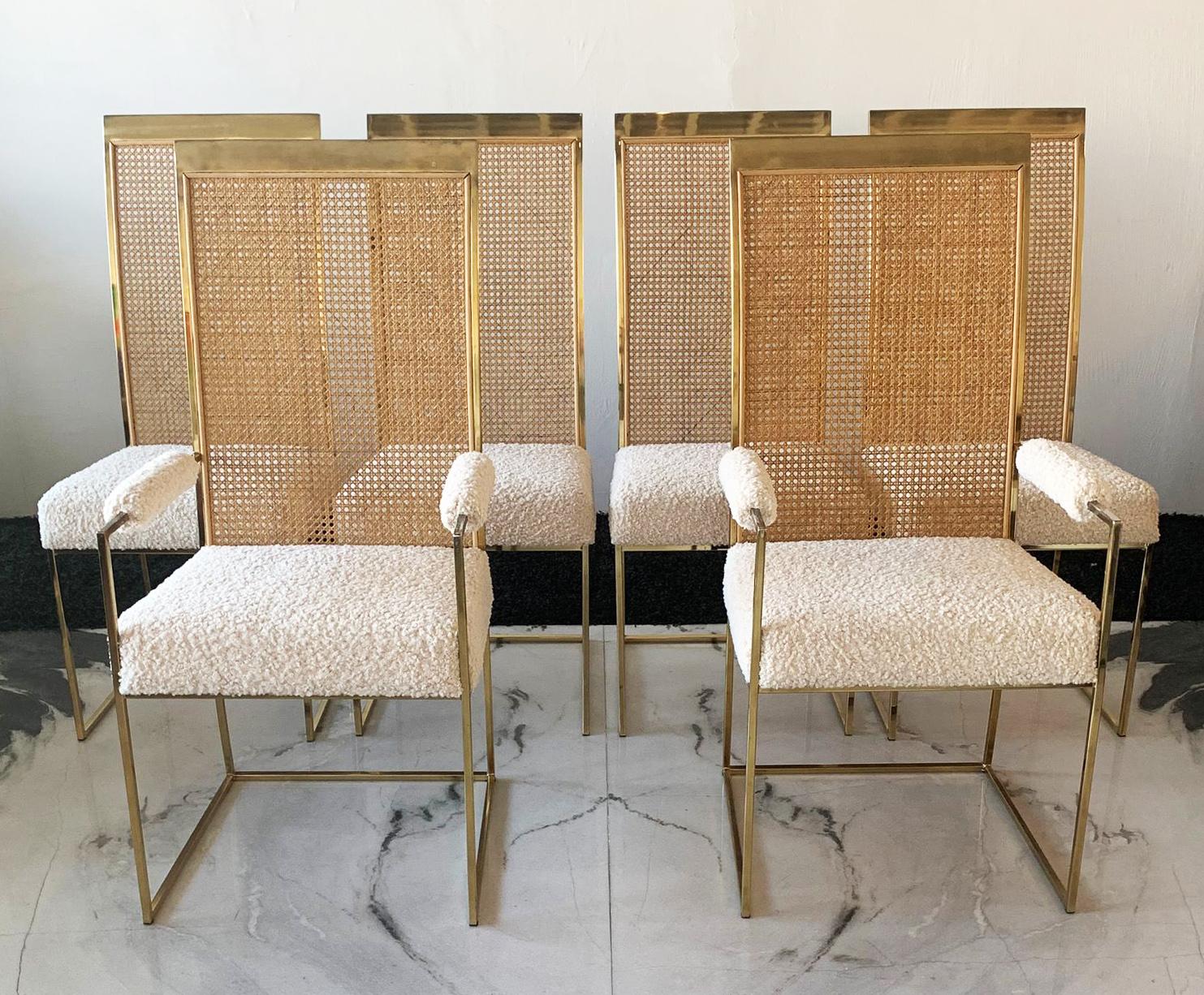 Mid-Century Modern Set of 6 Milo Baughman Brass and Cane Dining Chairs in Boucle for Thayer Coggin