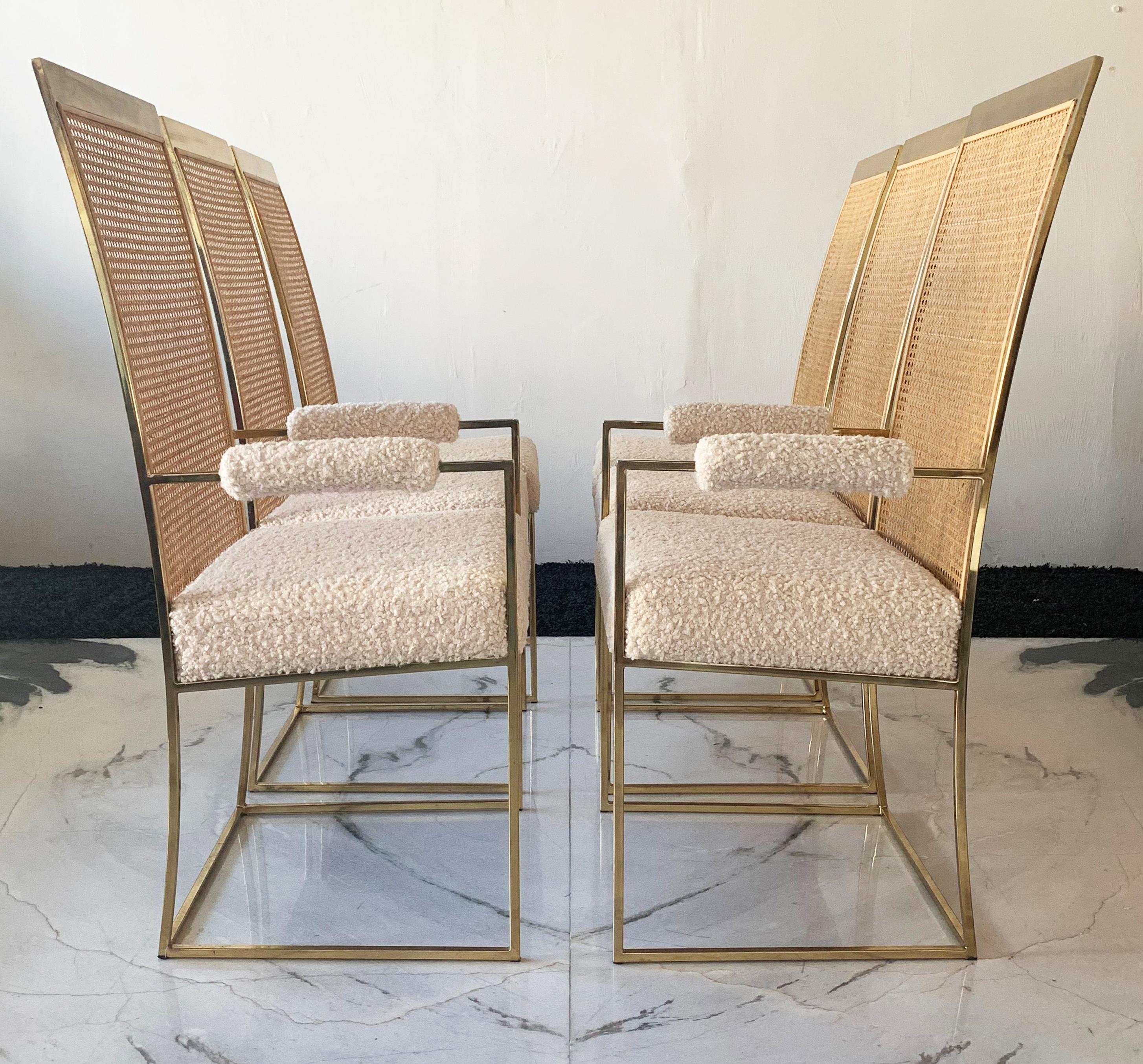 Patinated Set of 6 Milo Baughman Brass and Cane Dining Chairs in Boucle for Thayer Coggin