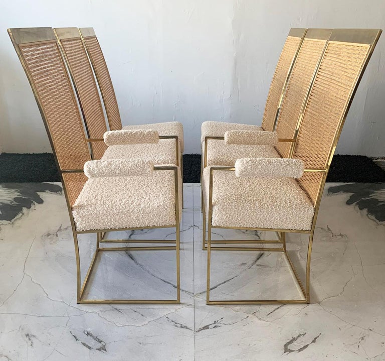 Set of 6 Milo Baughman Brass and Cane Dining Chairs in Boucle for Thayer Coggin In Good Condition For Sale In Los Angeles, CA