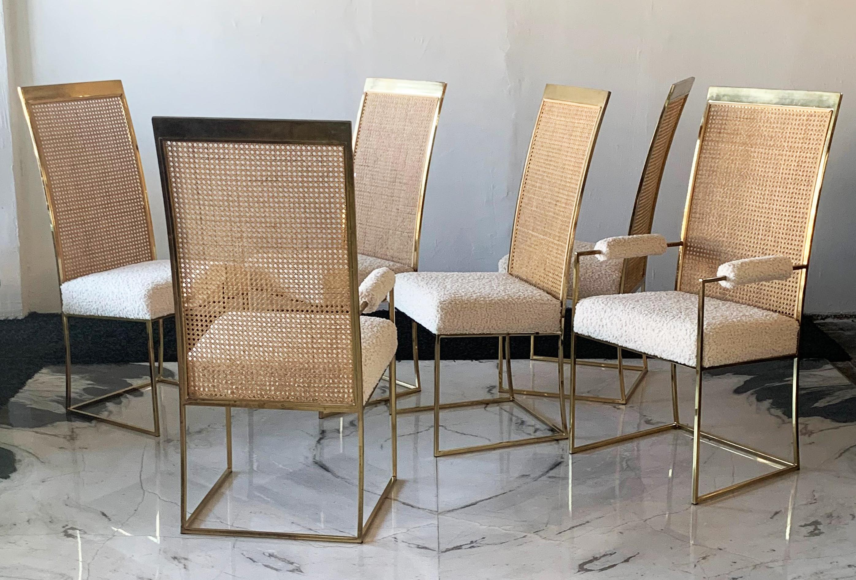 Set of 6 Milo Baughman Brass and Cane Dining Chairs in Boucle for Thayer Coggin 1