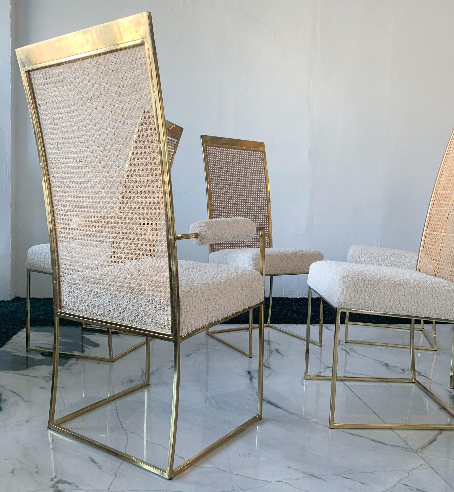 Set of 6 Milo Baughman Brass and Cane Dining Chairs in Boucle for Thayer Coggin 2