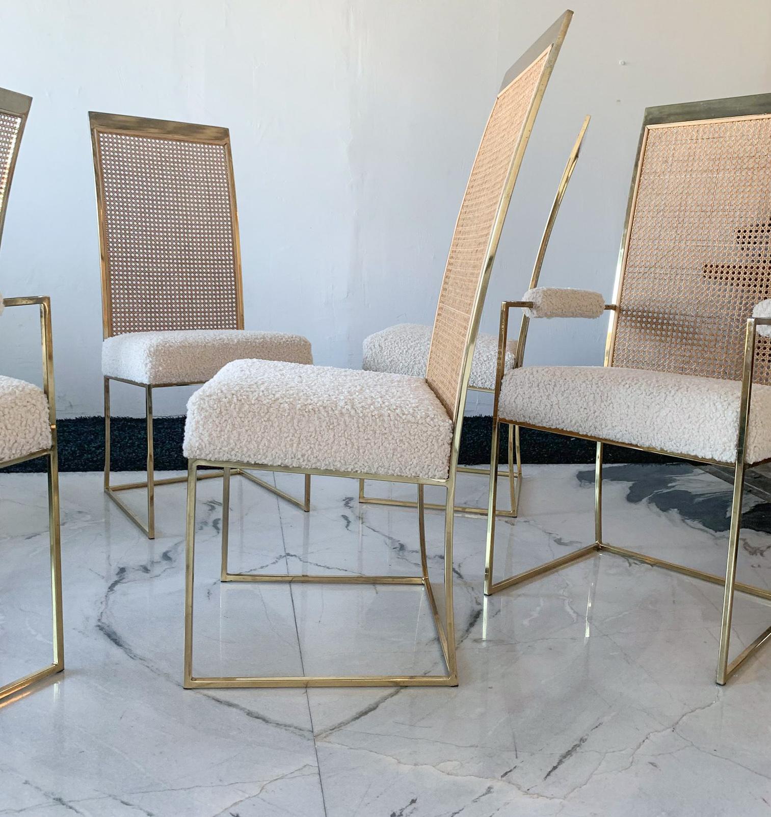 Set of 6 Milo Baughman Brass and Cane Dining Chairs in Boucle for Thayer Coggin 3