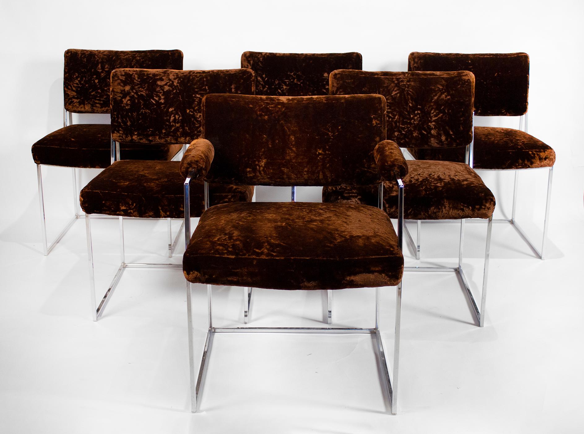 Set of original Milo Baughman thin line dining chairs with architectural chrome frames. The set was ordered from the factory with 5 side chairs and one captain chair.

 