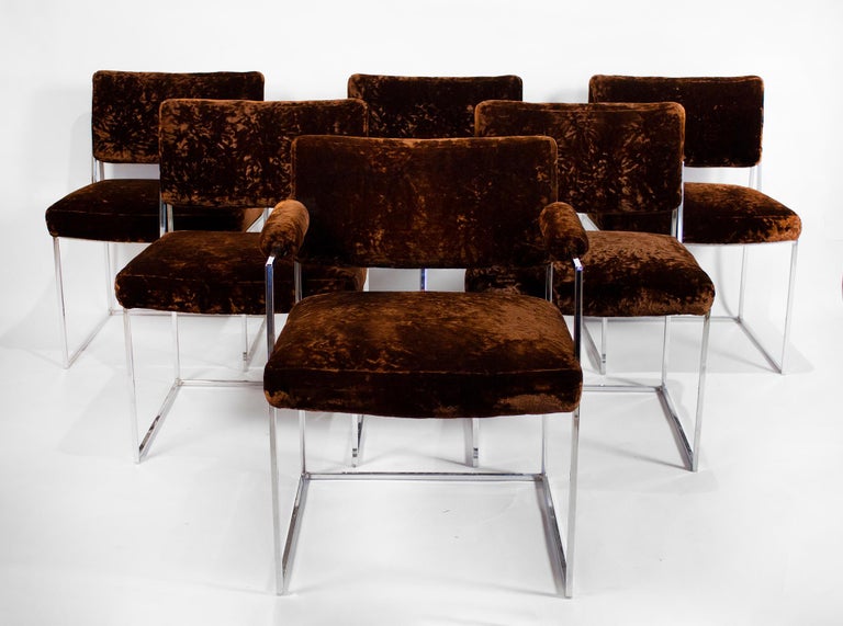 Set of original Milo Baughman thin line dining chairs with architectural chrome frames. The set was ordered from the factory with 5 side chairs and one captain chair.

 