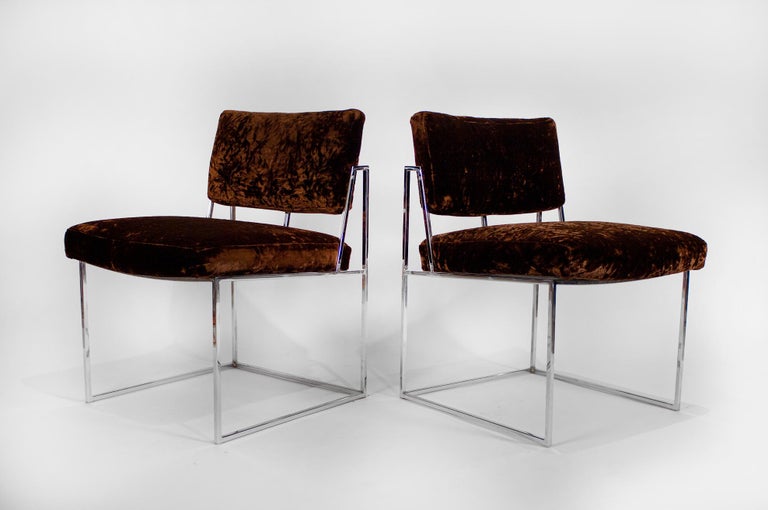 Mid-Century Modern Set of 6 Milo Baughman Dining Chairs for Thayer Coggin 1960s Chrome and Velvet For Sale