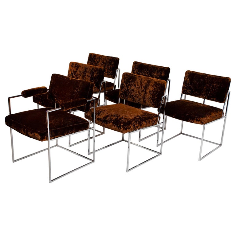 Set of 6 Milo Baughman Dining Chairs for Thayer Coggin 1960s Chrome and Velvet For Sale