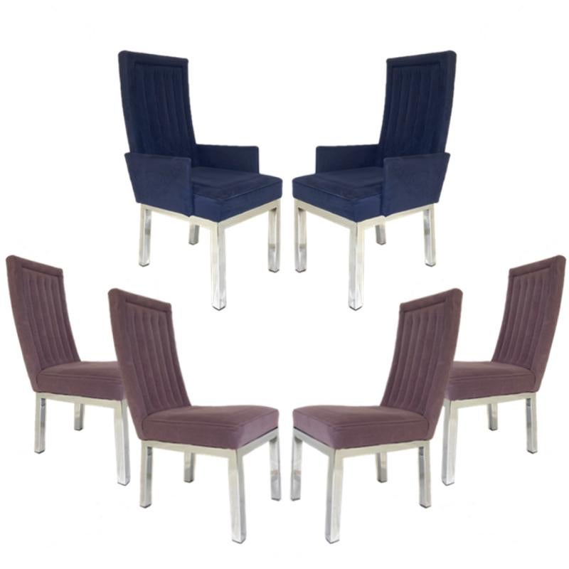 Lovely set of 6 Sleek chrome based dining chairs. This set consists of 2 armchairs and 4 side chairs done in complimentary colors of ultra-suede.

Measures: Arm height on armchairs: 22