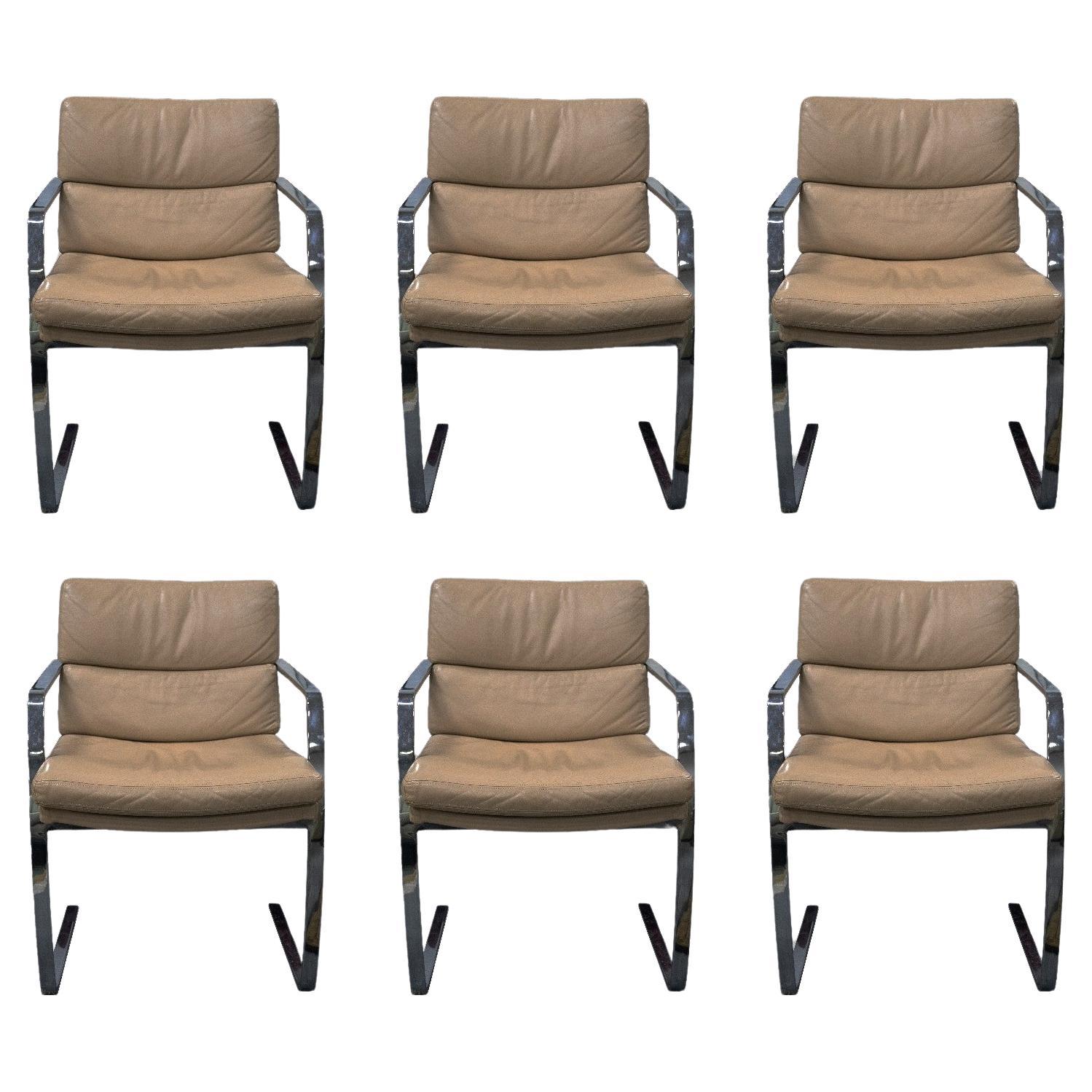 Set of 6 Milo Baughman Leather and Chrome Cantilever Chairs Mid Century Modern