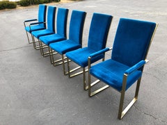 Set of 6 Milo Baughman Style Brass Dining Chairs in Blue Velveteen