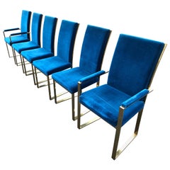 Set of 6 Milo Baughman Style Brass Dining Chairs in Blue Velveteen