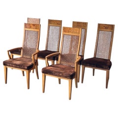 Juego de 6 sillas de comedor con respaldo de mimbre y madera de nudo, estilo Milo Baughman, de la marca Lane, de los años 70