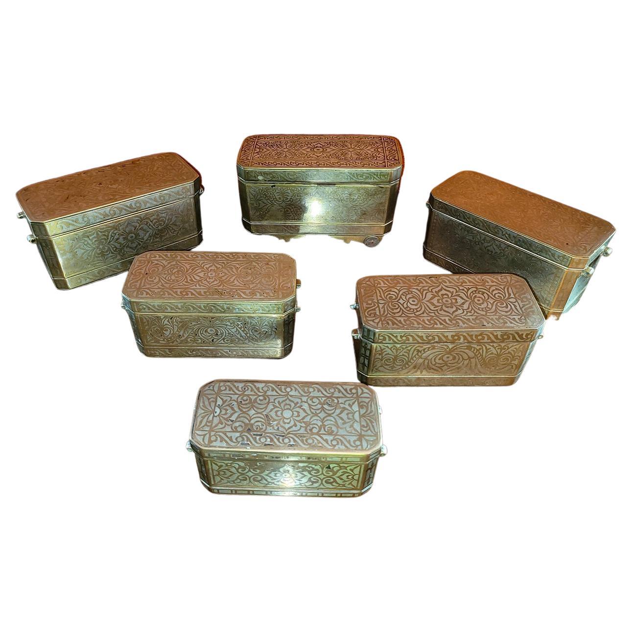 Set of 6 Mindanao Brass Silver Betel Boxes, Philippines
