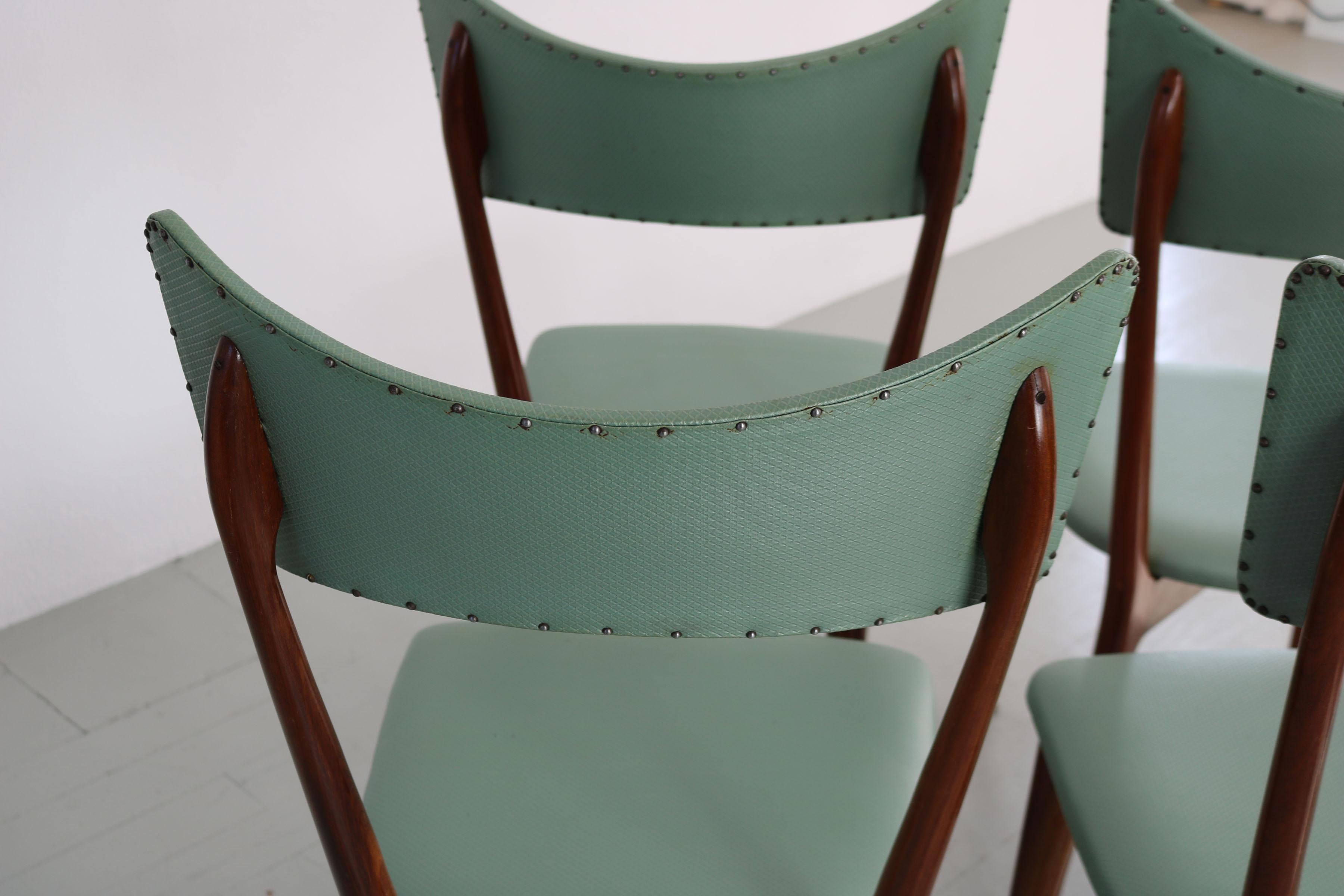 Mid-20th Century Set of 6 Mint Colored Midcentury Dinning Chairs, in the Manner of Ico Parisi For Sale