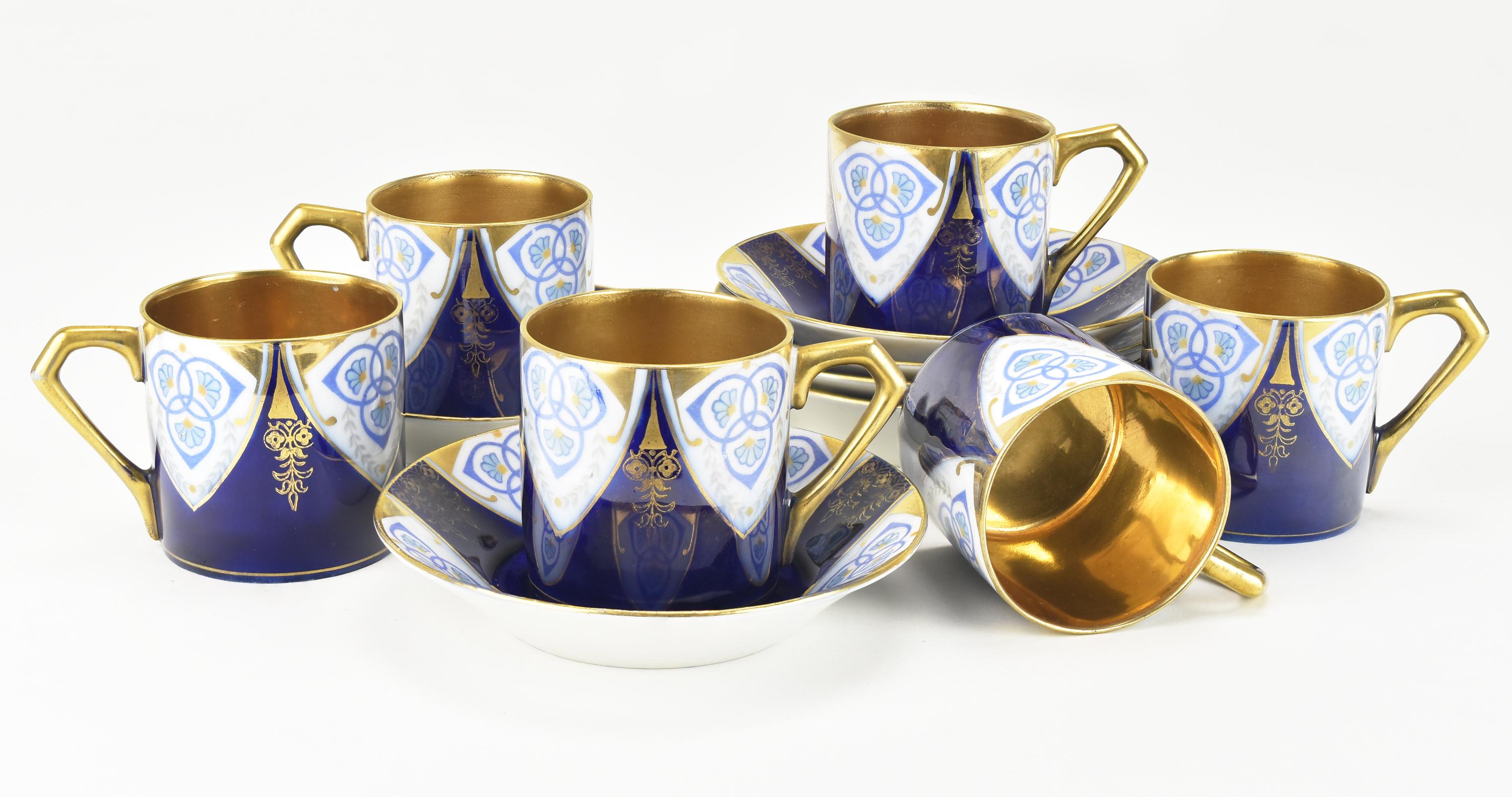 Austrian Set of 6 Mocha Cups w. Saucers Cobalt Blue Gold Painted Art Nouveau Secessionist For Sale