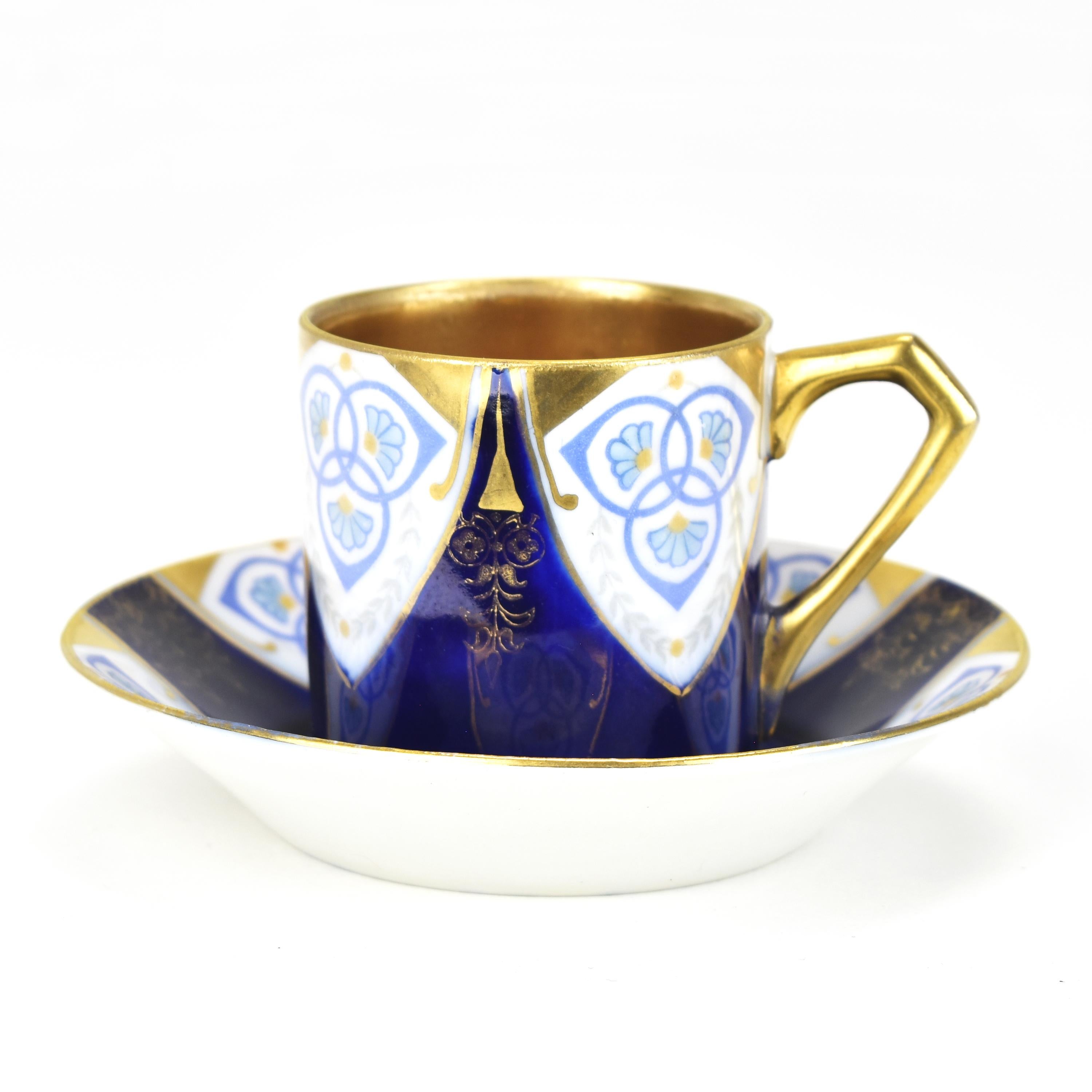 Hand-Crafted Set of 6 Mocha Cups w. Saucers Cobalt Blue Gold Painted Art Nouveau Secessionist For Sale