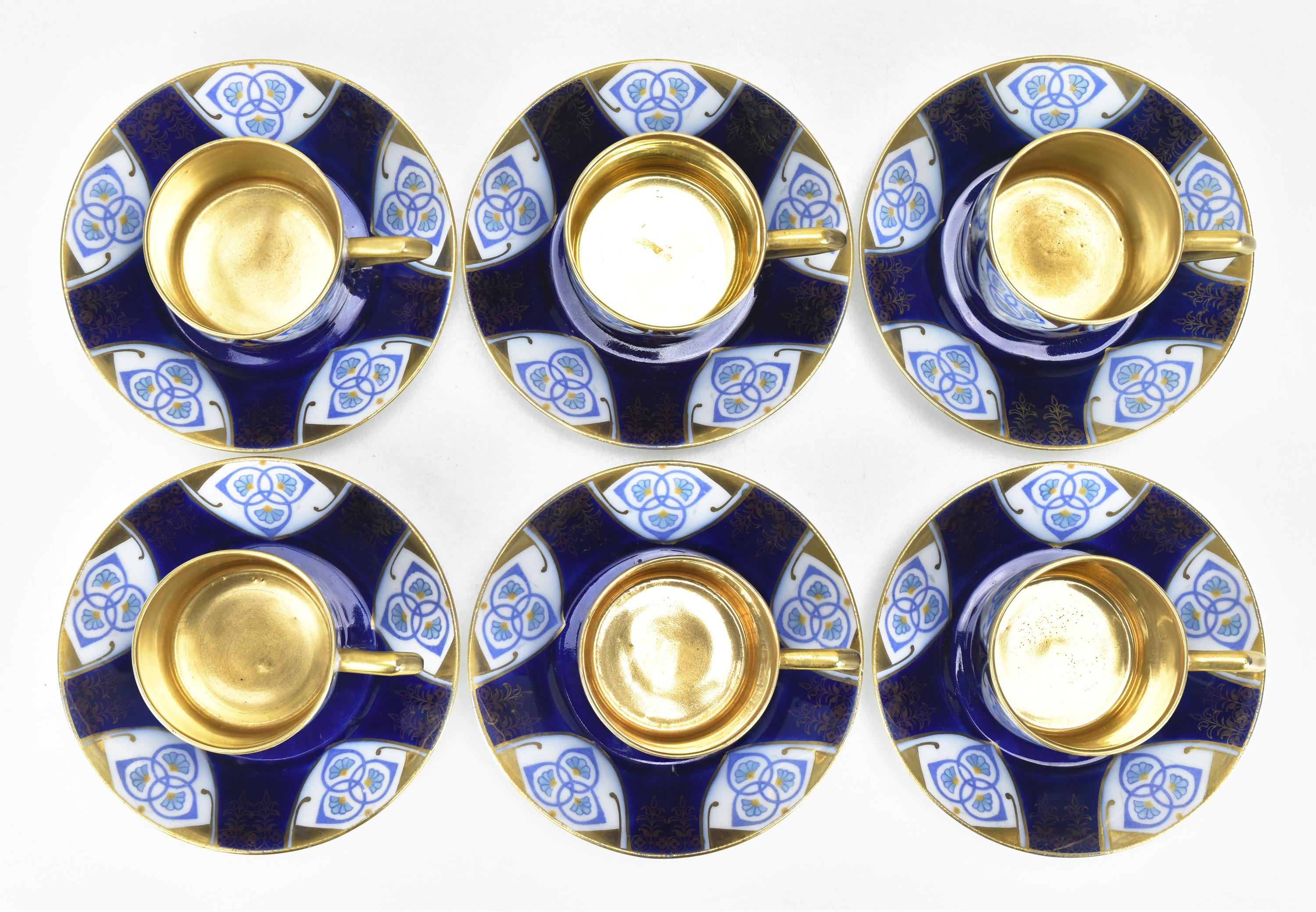 Set of 6 Mocha Cups w. Saucers Cobalt Blue Gold Painted Art Nouveau Secessionist In Good Condition For Sale In Bad Säckingen, DE