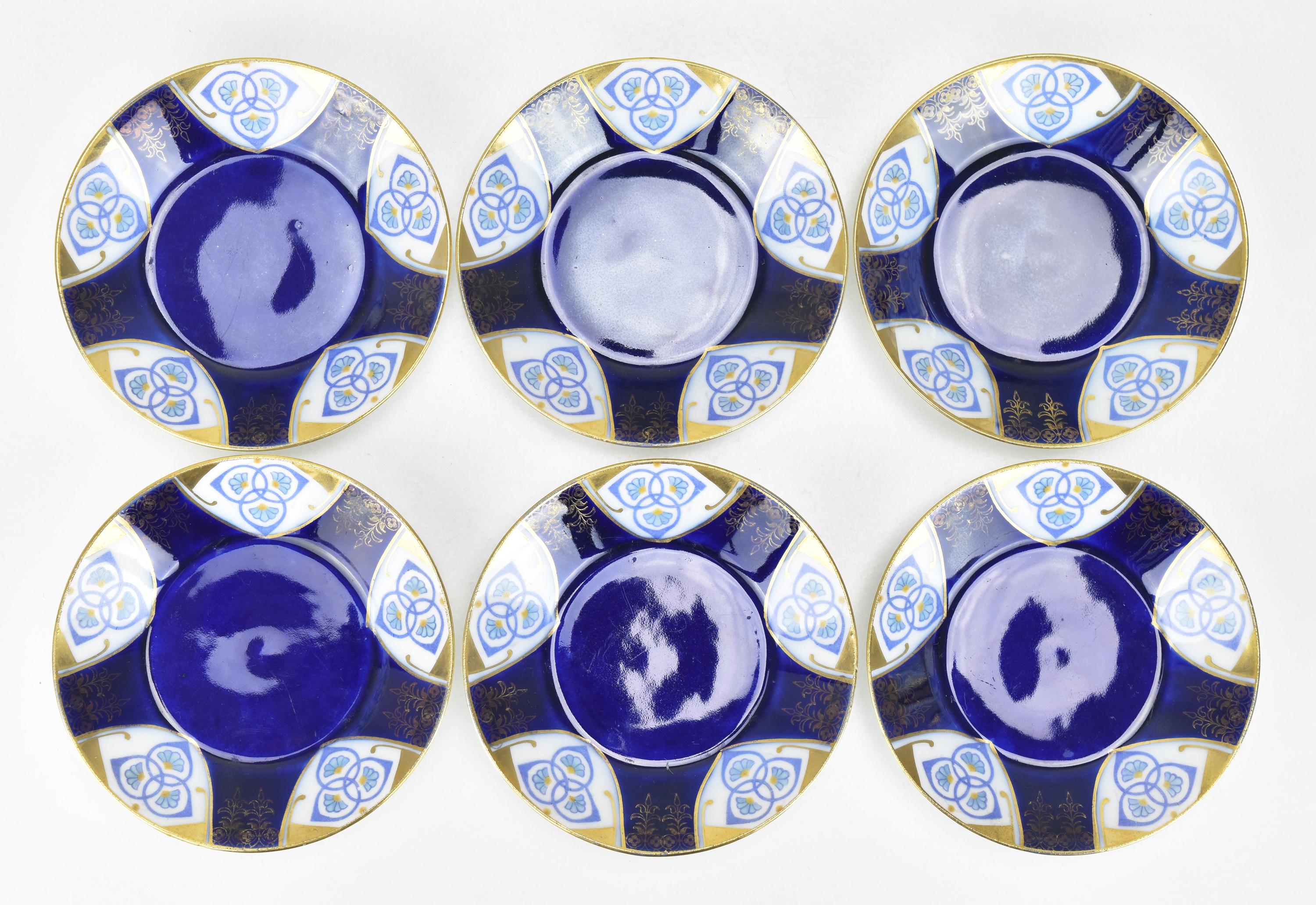Late 19th Century Set of 6 Mocha Cups w. Saucers Cobalt Blue Gold Painted Art Nouveau Secessionist For Sale
