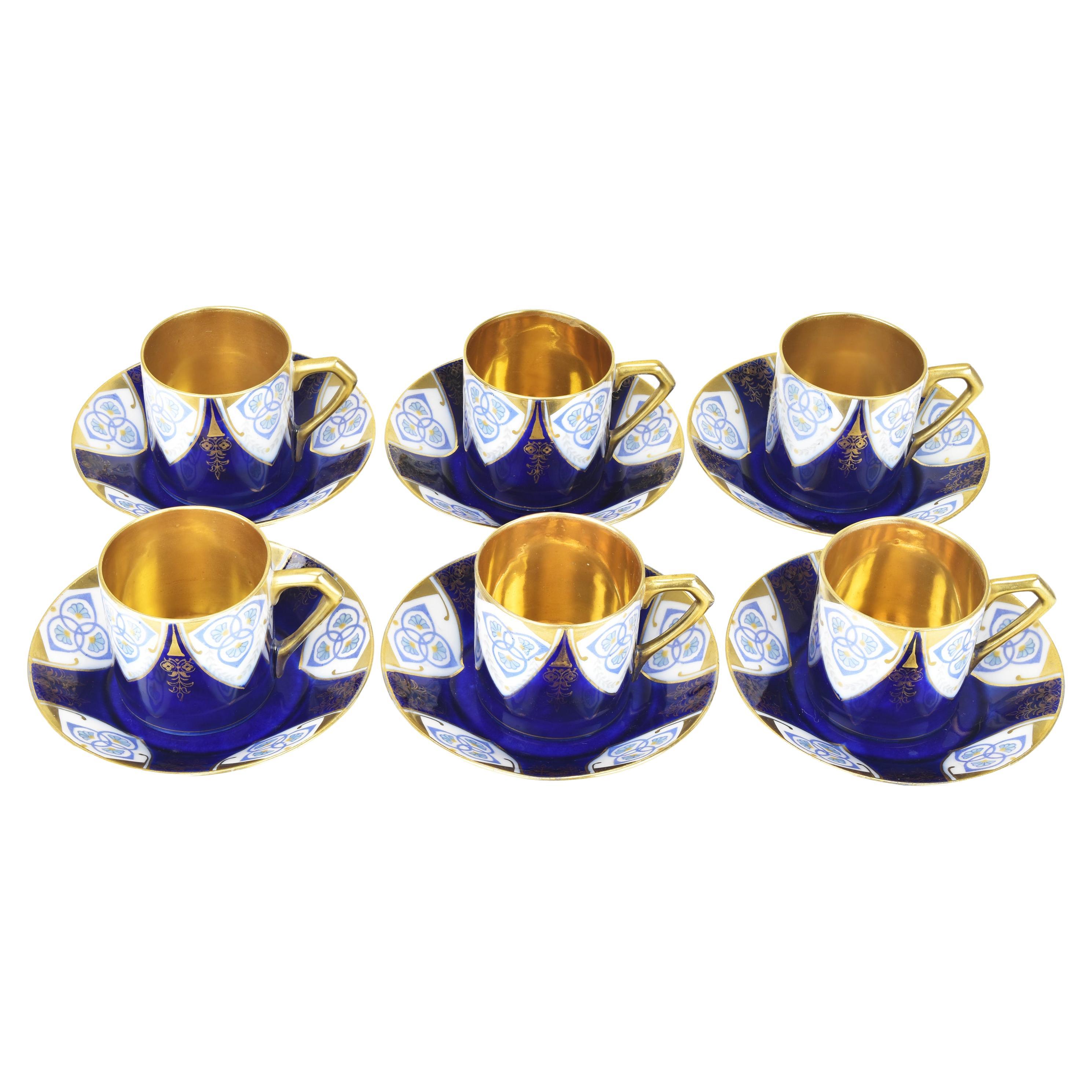 Set de 6 tasses à moka w. Soucoupes Art Nouveau sécessionniste peintes en or bleu cobalt