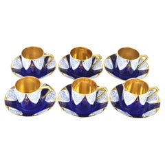 Set de 6 Tazas de Moca c. Platillos Azul Cobalto Pintados de Oro Art Nouveau Secesionista
