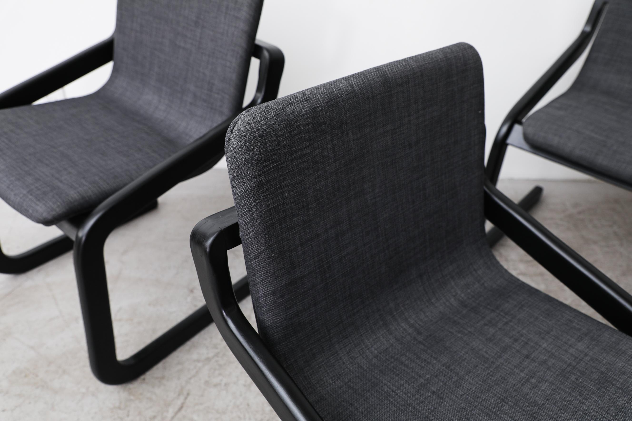 Dutch Set of 6 Mod Cantilevered Dining Chairs w/ Black Frames and New Gray Upholstery For Sale