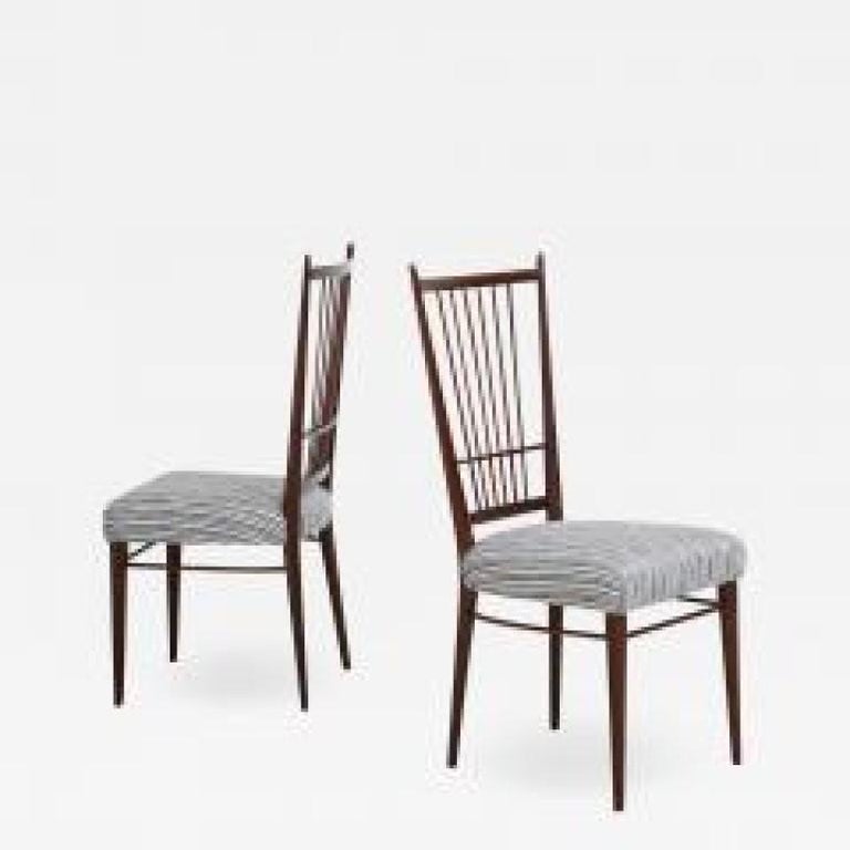 Set of 6, Model #6402 Dining Chairs by Osvaldo Borsani for ABV.  Rare set of dining chairs with spindle-back details. Mahogany, upholstered seat cushion. Wood has recently been refinished and seats newly upholstered. Currently only 2 of the 6 chairs