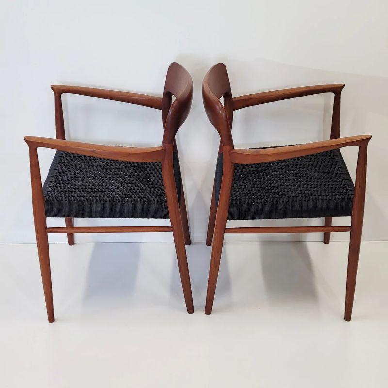 A wonderful set comprising of four model 75 and 2 model 56 dining chairs by Danish designer Niels Otto Møller, and manufactured by JL Møllers Møbelfabrik circa 1970.

The frames are made of solid teak and seating of black Danish paper cord, these